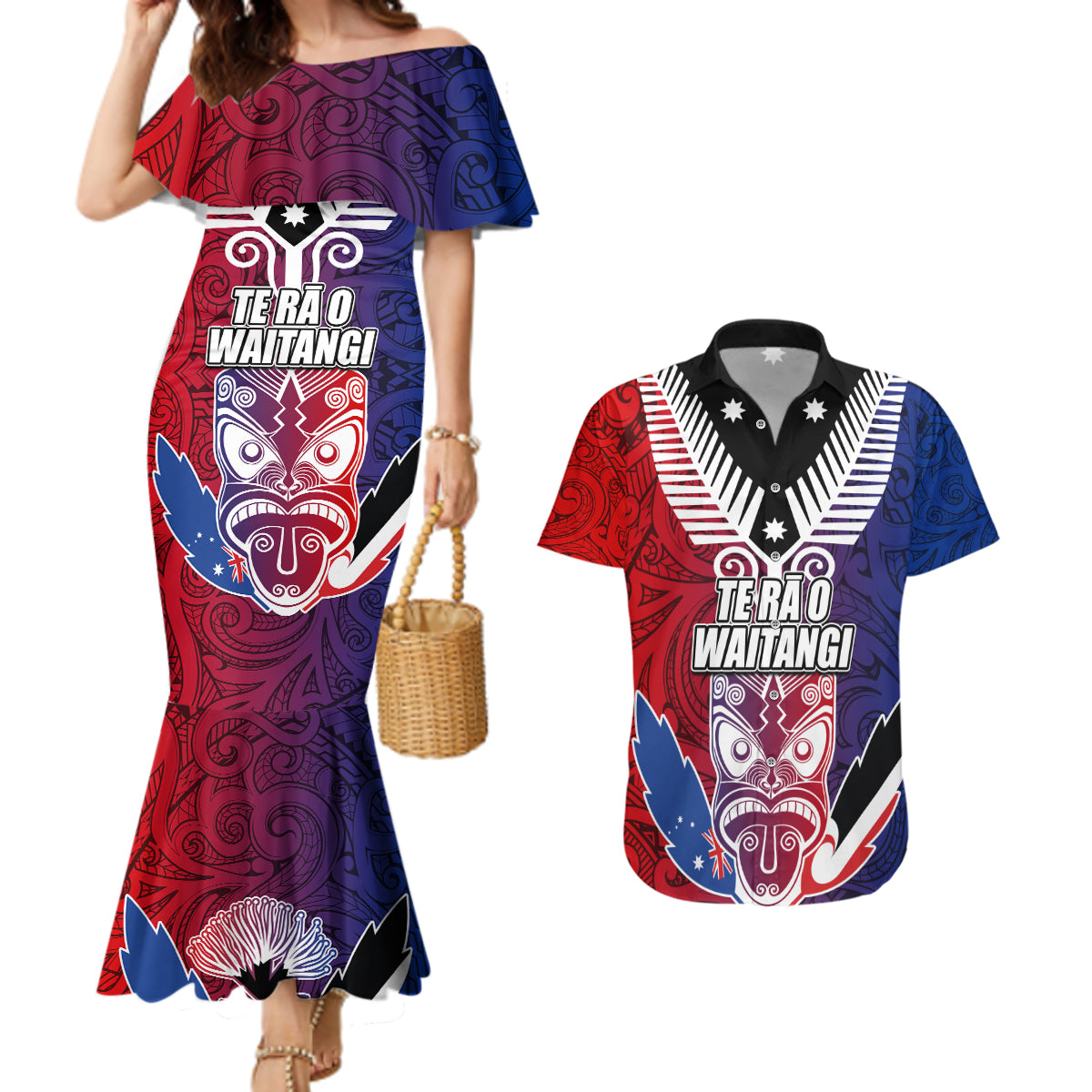 New Zealand Waitangi Couples Matching Mermaid Dress and Hawaiian Shirt Kia Ora Maori Koruru Tiki Mask LT03 Red - Polynesian Pride