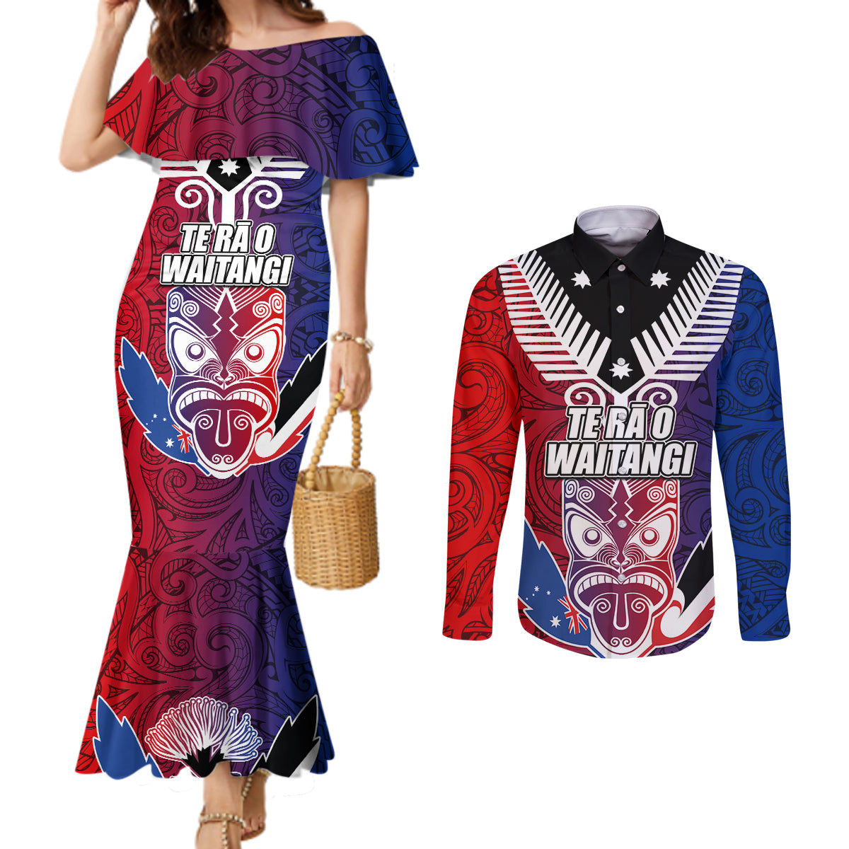 New Zealand Waitangi Couples Matching Mermaid Dress and Long Sleeve Button Shirt Kia Ora Maori Koruru Tiki Mask LT03 Red - Polynesian Pride