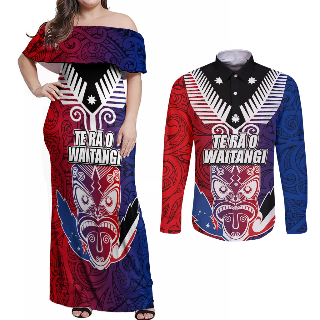 New Zealand Waitangi Couples Matching Off Shoulder Maxi Dress and Long Sleeve Button Shirt Kia Ora Maori Koruru Tiki Mask LT03 Red - Polynesian Pride