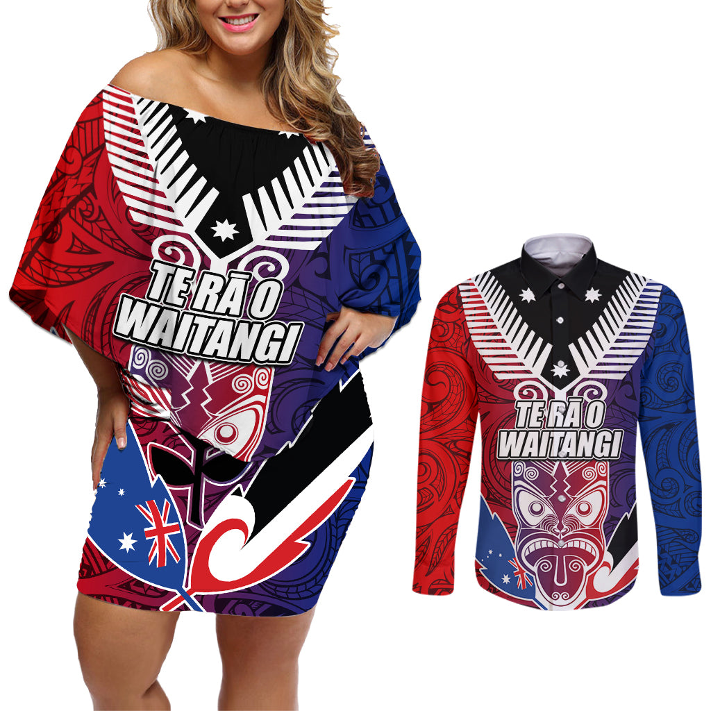 New Zealand Waitangi Couples Matching Off Shoulder Short Dress and Long Sleeve Button Shirt Kia Ora Maori Koruru Tiki Mask LT03 Red - Polynesian Pride