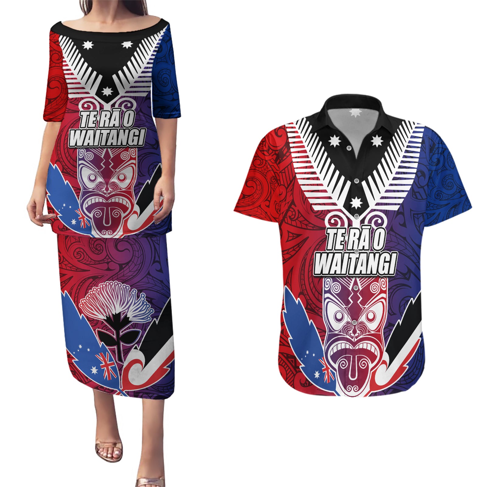 New Zealand Waitangi Couples Matching Puletasi and Hawaiian Shirt Kia Ora Maori Koruru Tiki Mask LT03 Red - Polynesian Pride