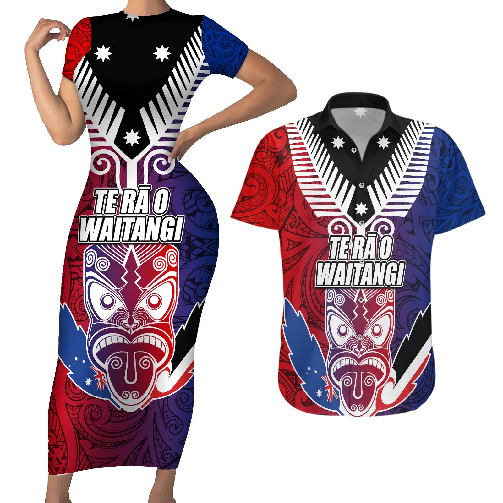 New Zealand Waitangi Couples Matching Short Sleeve Bodycon Dress and Hawaiian Shirt Kia Ora Maori Koruru Tiki Mask LT03 Red - Polynesian Pride