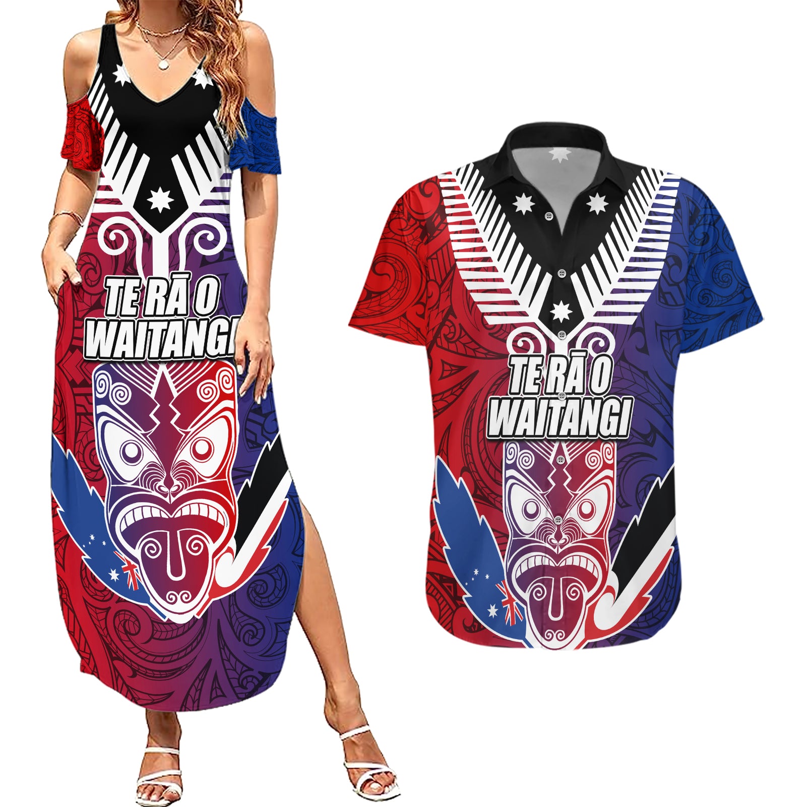 New Zealand Waitangi Couples Matching Summer Maxi Dress and Hawaiian Shirt Kia Ora Maori Koruru Tiki Mask LT03 Red - Polynesian Pride