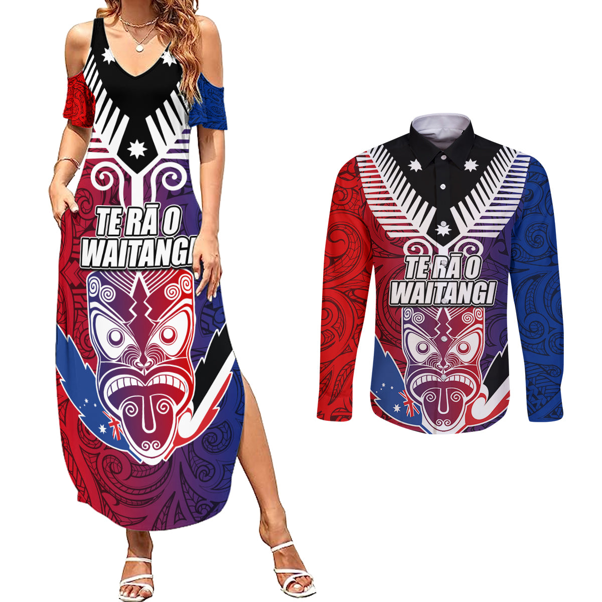 New Zealand Waitangi Couples Matching Summer Maxi Dress and Long Sleeve Button Shirt Kia Ora Maori Koruru Tiki Mask LT03 Red - Polynesian Pride