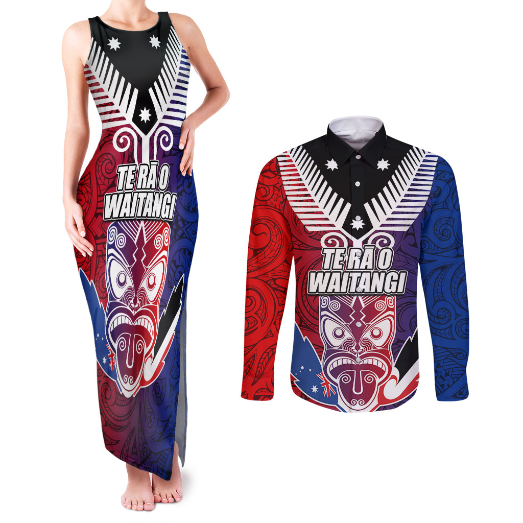 New Zealand Waitangi Couples Matching Tank Maxi Dress and Long Sleeve Button Shirt Kia Ora Maori Koruru Tiki Mask LT03 Red - Polynesian Pride