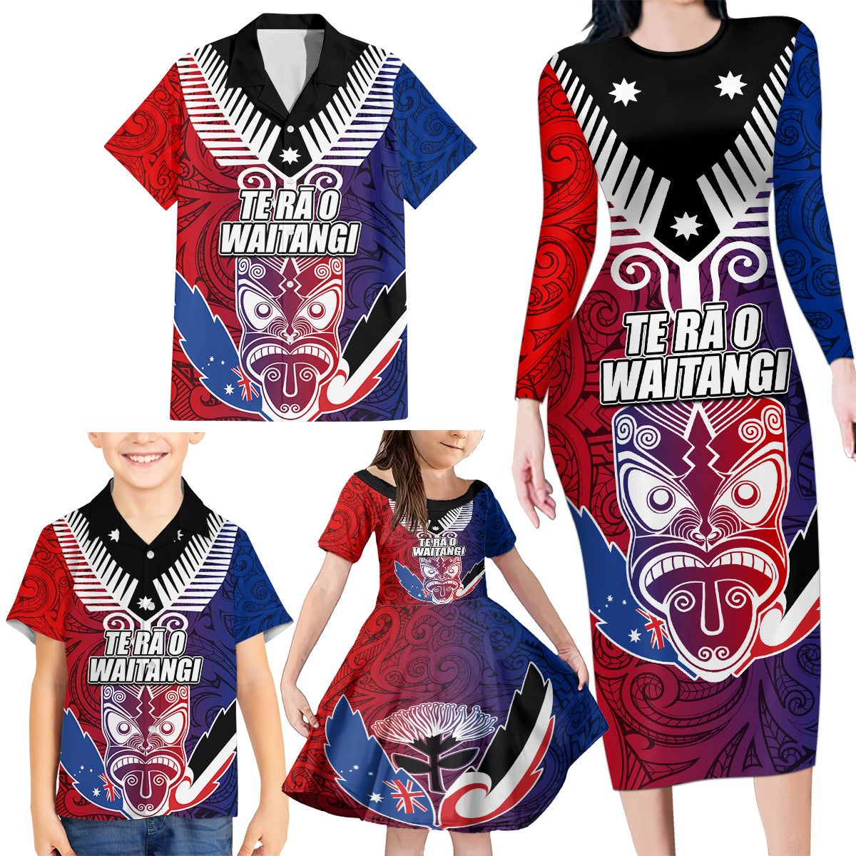 New Zealand Waitangi Family Matching Long Sleeve Bodycon Dress and Hawaiian Shirt Kia Ora Maori Koruru Tiki Mask LT03 - Polynesian Pride