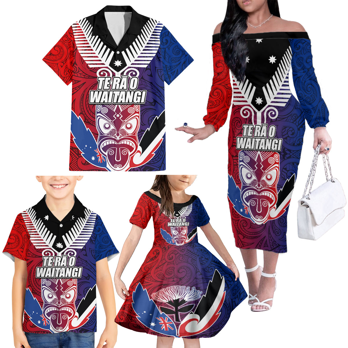 New Zealand Waitangi Family Matching Off Shoulder Long Sleeve Dress and Hawaiian Shirt Kia Ora Maori Koruru Tiki Mask LT03 - Polynesian Pride