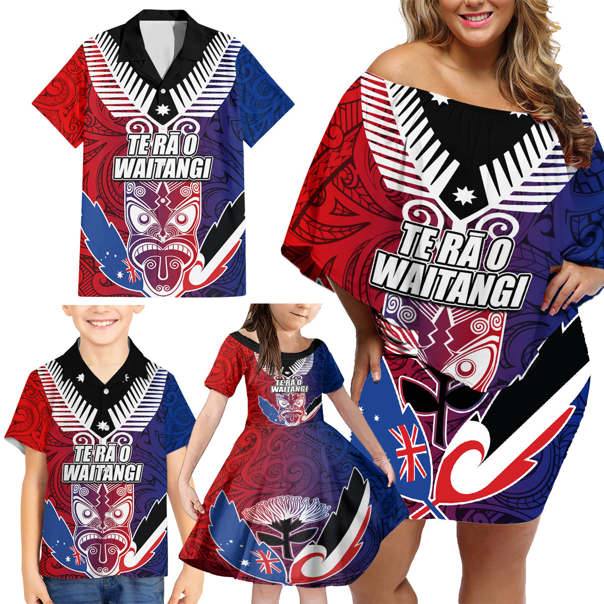 New Zealand Waitangi Family Matching Off Shoulder Short Dress and Hawaiian Shirt Kia Ora Maori Koruru Tiki Mask LT03 - Polynesian Pride