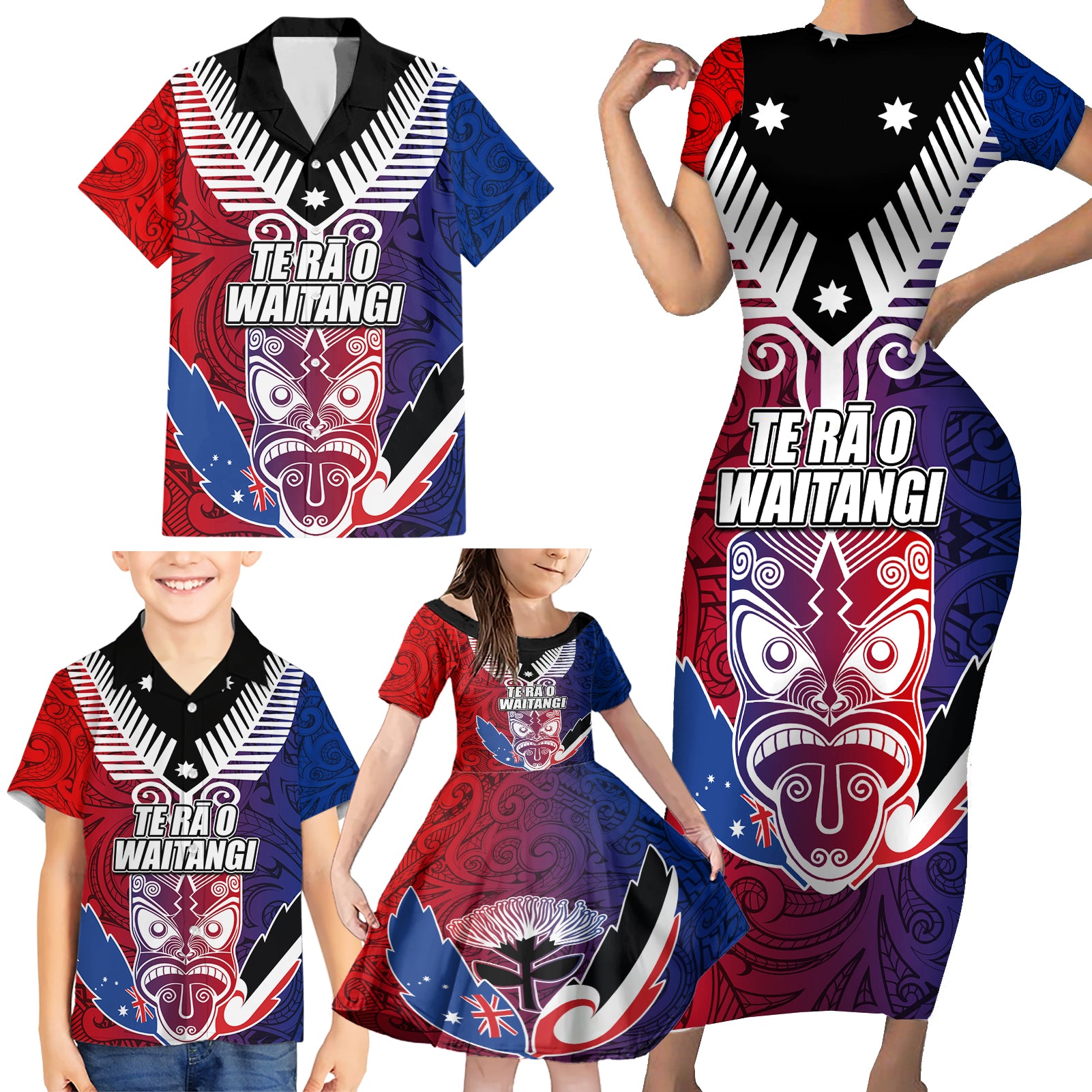 New Zealand Waitangi Family Matching Short Sleeve Bodycon Dress and Hawaiian Shirt Kia Ora Maori Koruru Tiki Mask LT03 - Polynesian Pride