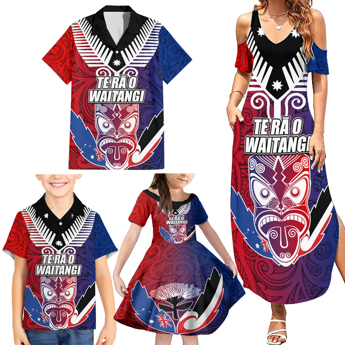 New Zealand Waitangi Family Matching Summer Maxi Dress and Hawaiian Shirt Kia Ora Maori Koruru Tiki Mask LT03 - Polynesian Pride