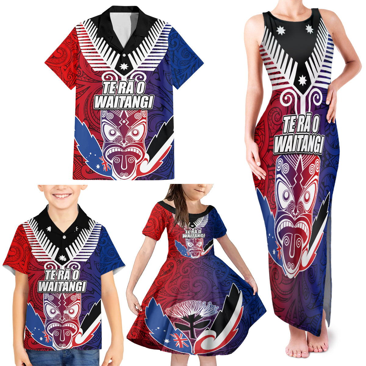 New Zealand Waitangi Family Matching Tank Maxi Dress and Hawaiian Shirt Kia Ora Maori Koruru Tiki Mask LT03 - Polynesian Pride