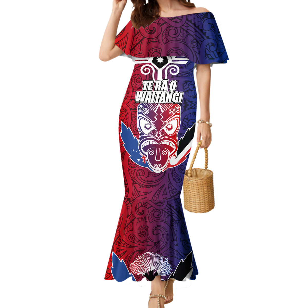 New Zealand Waitangi Mermaid Dress Kia Ora Maori Koruru Tiki Mask LT03 Women Red - Polynesian Pride