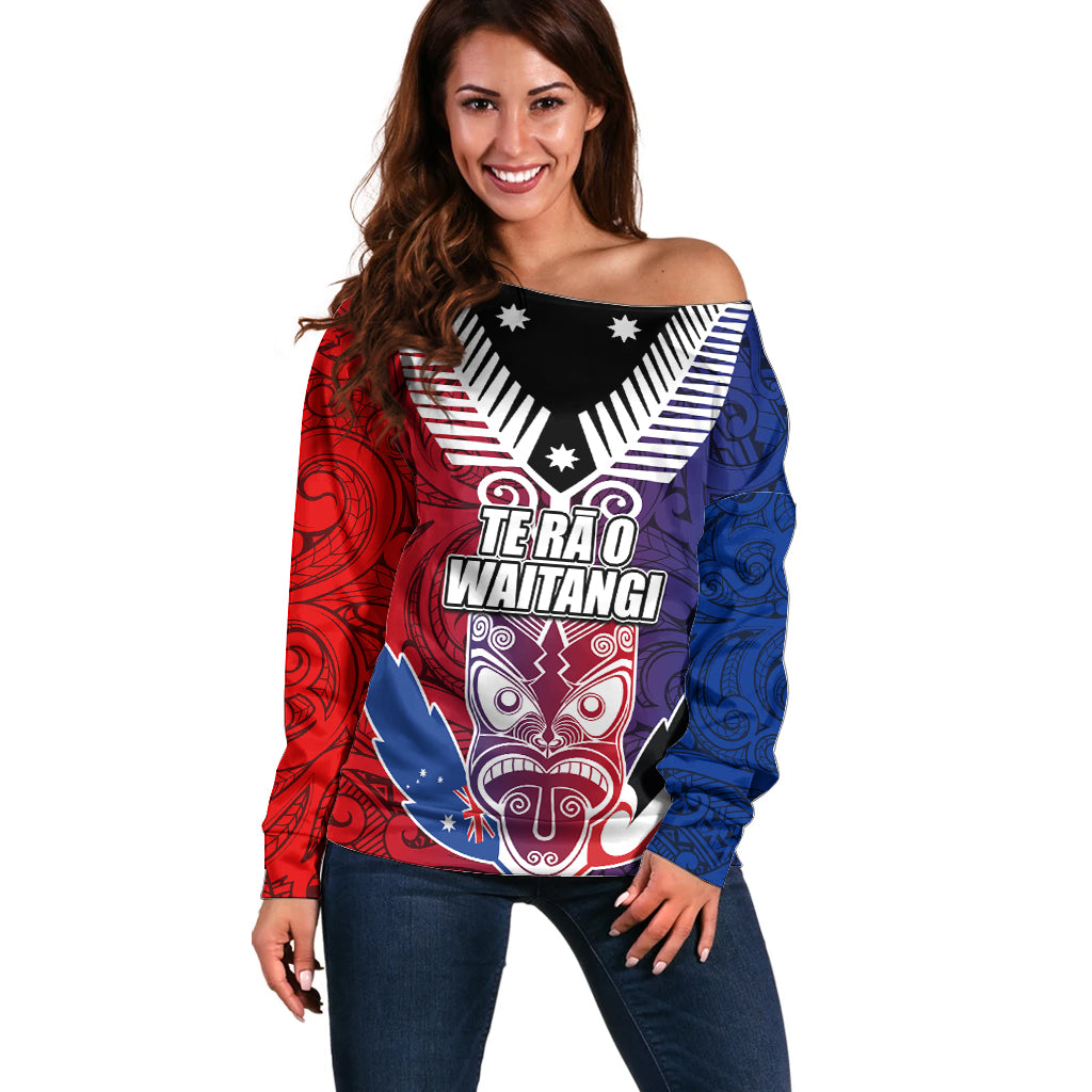 New Zealand Waitangi Off Shoulder Sweater Kia Ora Maori Koruru Tiki Mask LT03 Women Red - Polynesian Pride