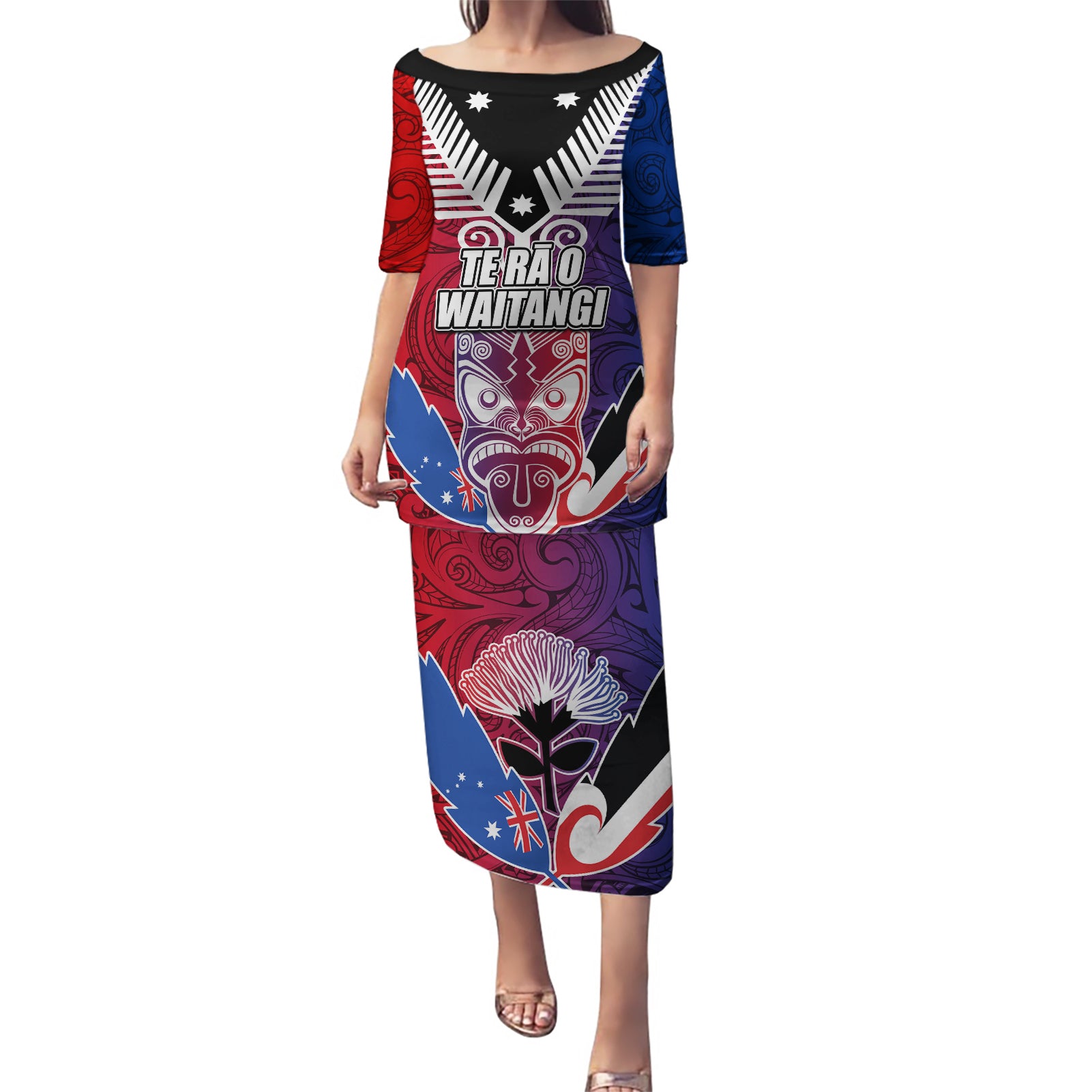 New Zealand Waitangi Puletasi Kia Ora Maori Koruru Tiki Mask LT03 Long Dress Red - Polynesian Pride