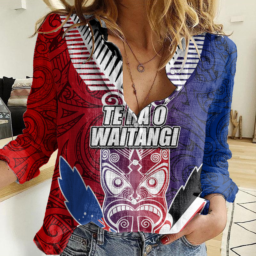 New Zealand Waitangi Women Casual Shirt Kia Ora Maori Koruru Tiki Mask LT03 Female Red - Polynesian Pride