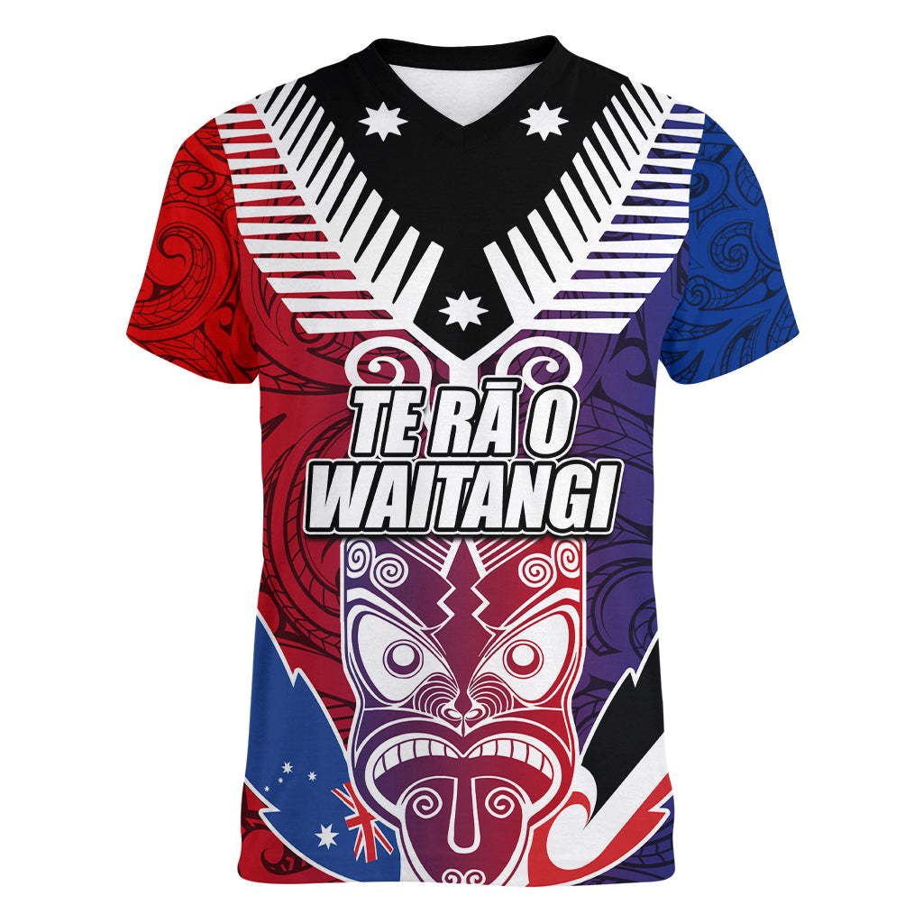 New Zealand Waitangi Women V Neck T Shirt Kia Ora Maori Koruru Tiki Mask LT03 Female Red - Polynesian Pride