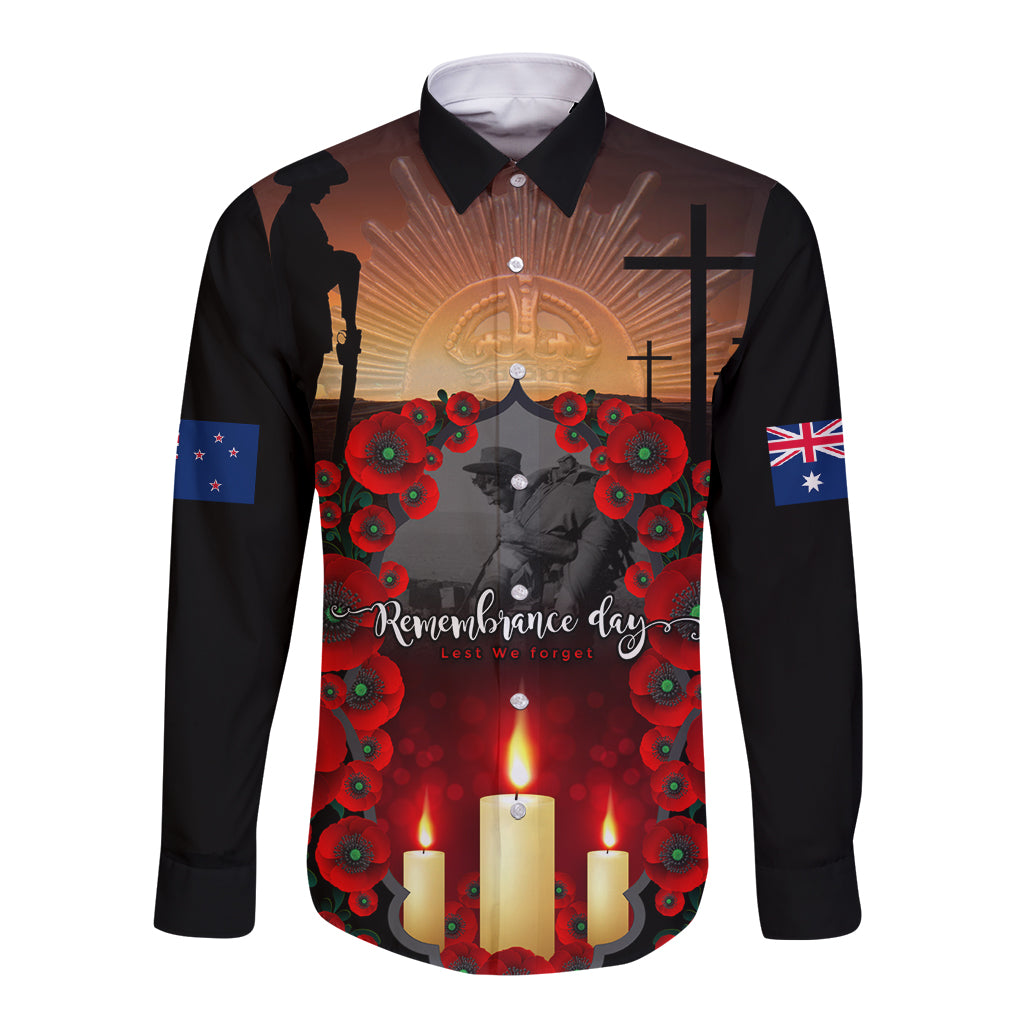 Custom New Zealand and Australia ANZAC Day Long Sleeve Button Shirt Gallipoli and Canlelight Lest We Forget LT03 Unisex Black - Polynesian Pride