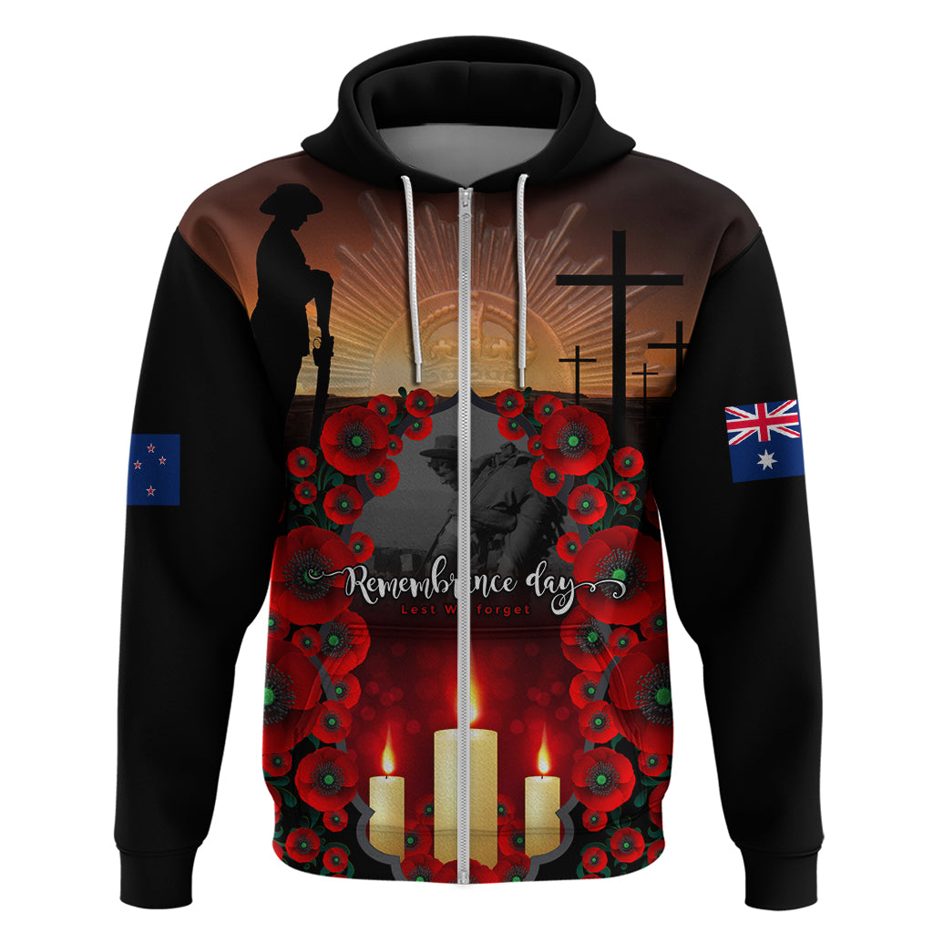 Custom New Zealand and Australia ANZAC Day Zip Hoodie Gallipoli and Canlelight Lest We Forget LT03 Zip Hoodie Black - Polynesian Pride