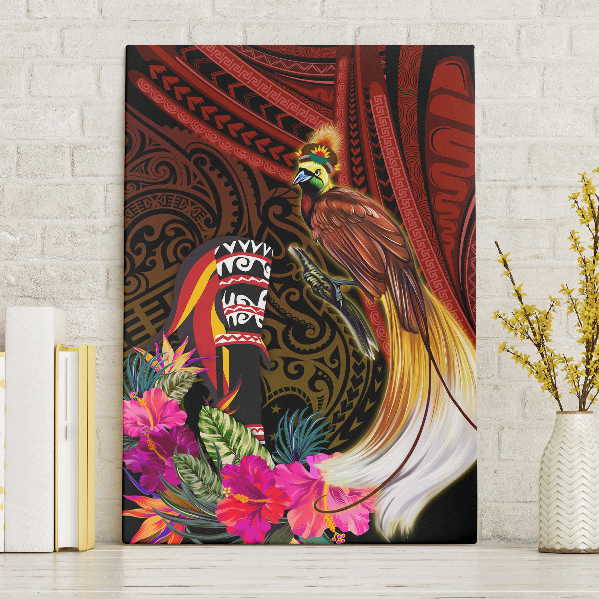 Papua New Guinea Bird-of-Paradise Canvas Wall Art Hibiscus and Kundu Drum Tribal Pattern LT03 Without Frame Yellow - Polynesian Pride