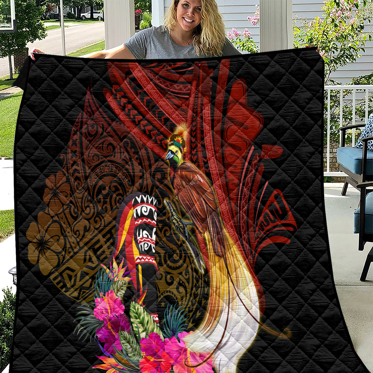 Papua New Guinea Bird-of-Paradise Quilt Hibiscus and Kundu Drum Tribal Pattern