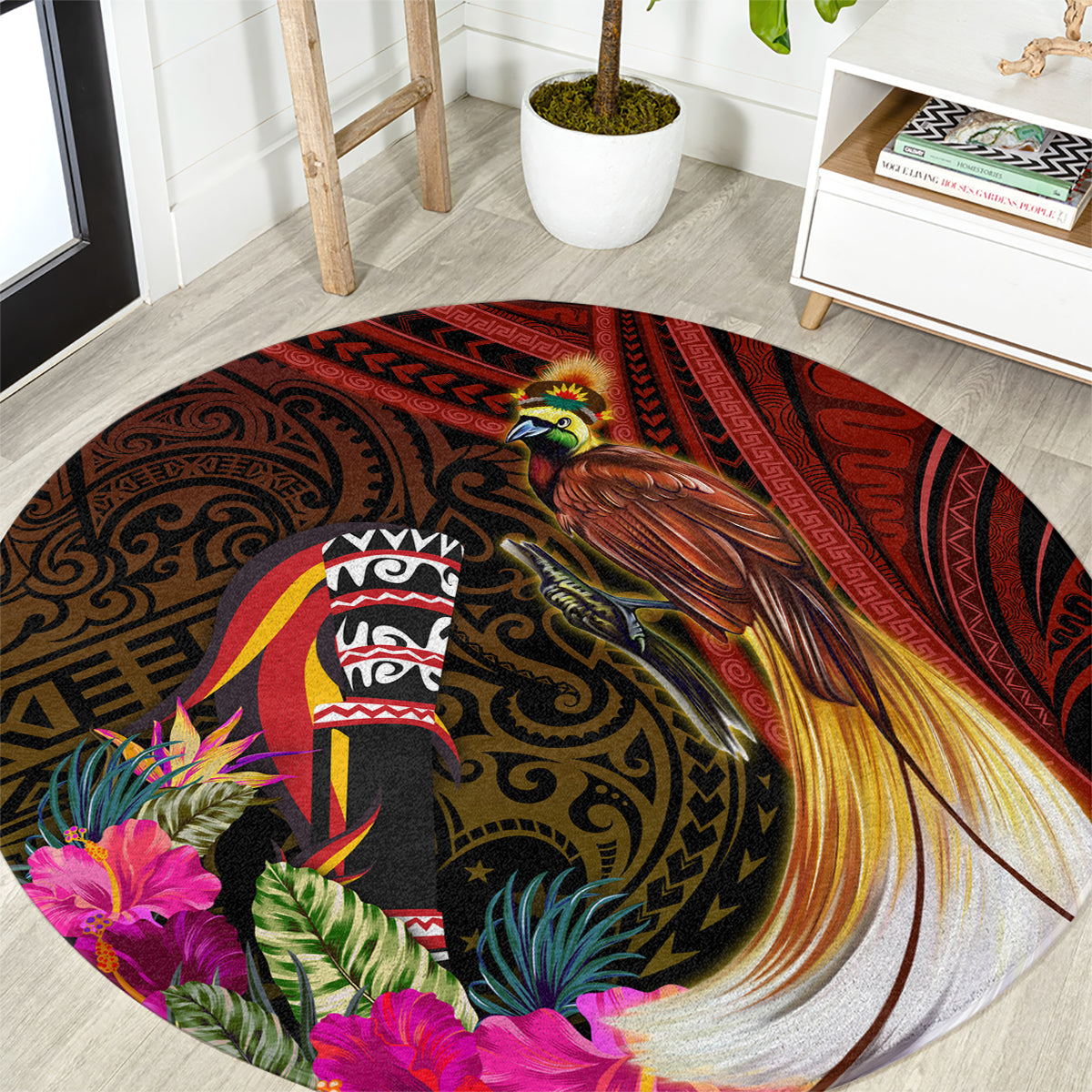 Papua New Guinea Bird-of-Paradise Round Carpet Hibiscus and Kundu Drum Tribal Pattern LT03 Yellow - Polynesian Pride