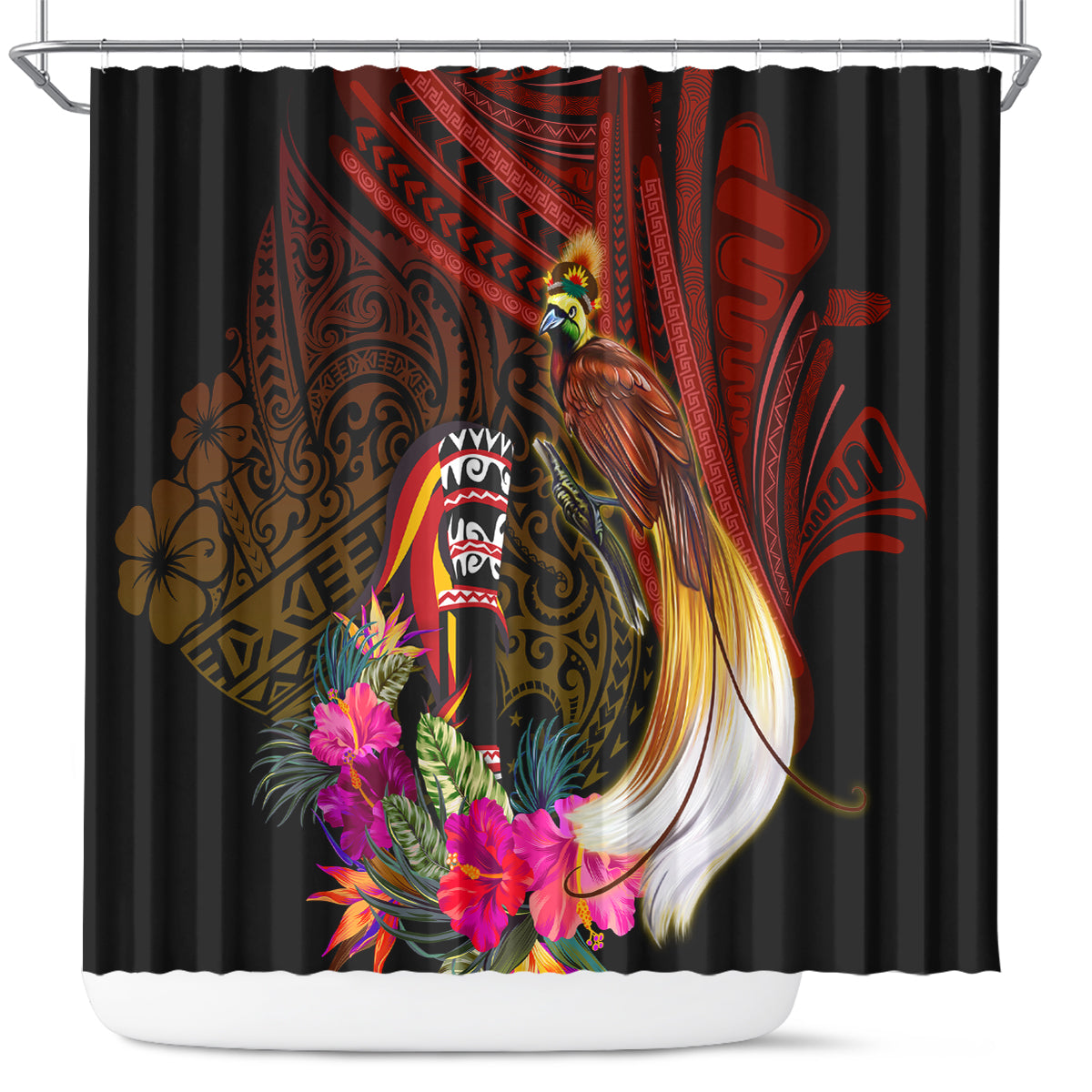 Papua New Guinea Bird-of-Paradise Shower Curtain Hibiscus and Kundu Drum Tribal Pattern LT03 Yellow - Polynesian Pride