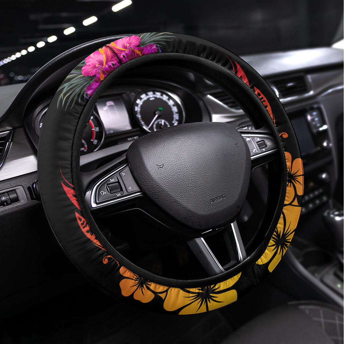Papua New Guinea Bird-of-Paradise Steering Wheel Cover Hibiscus and Kundu Drum Tribal Pattern LT03 Universal Fit Yellow - Polynesian Pride