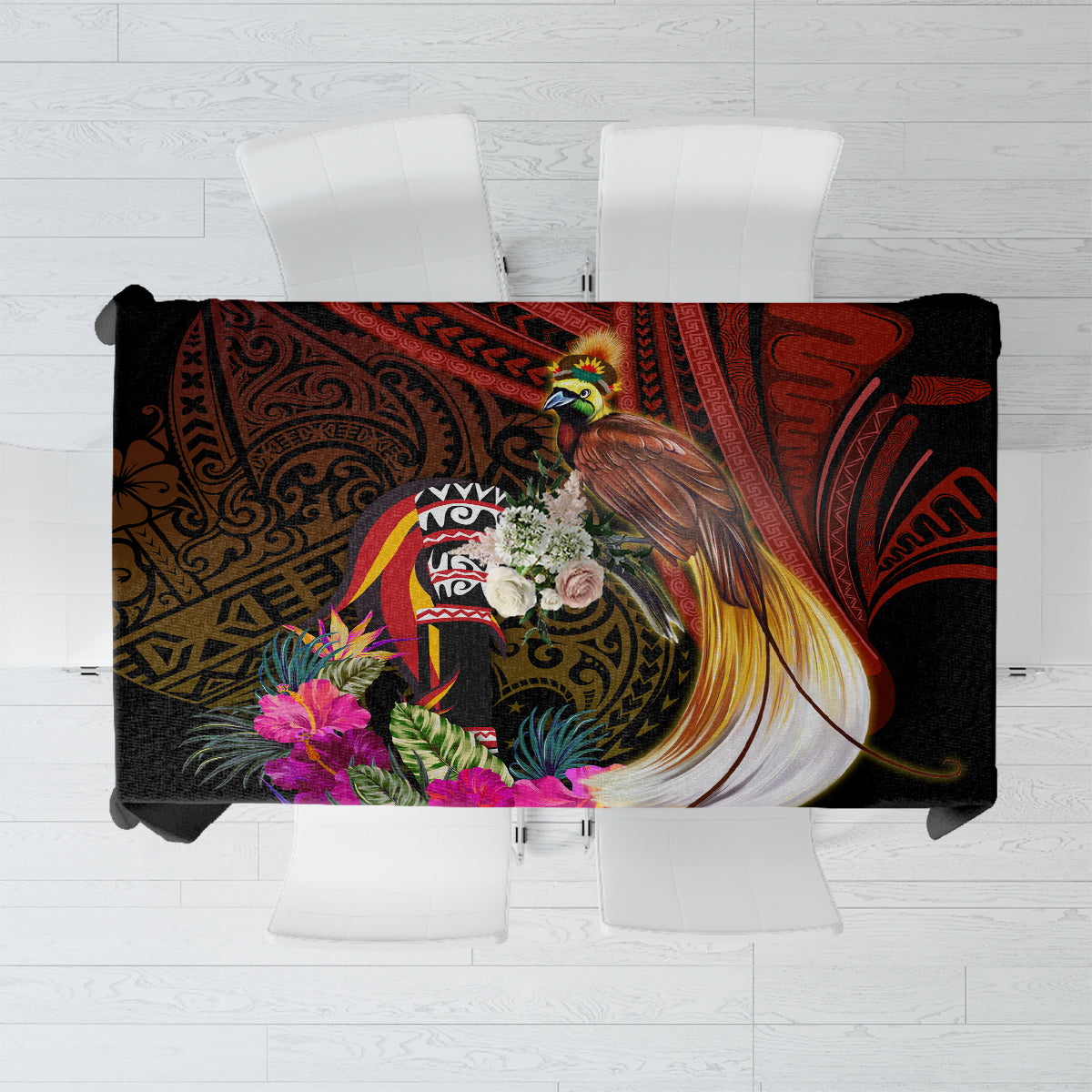 Papua New Guinea Bird-of-Paradise Tablecloth Hibiscus and Kundu Drum Tribal Pattern LT03 Yellow - Polynesian Pride