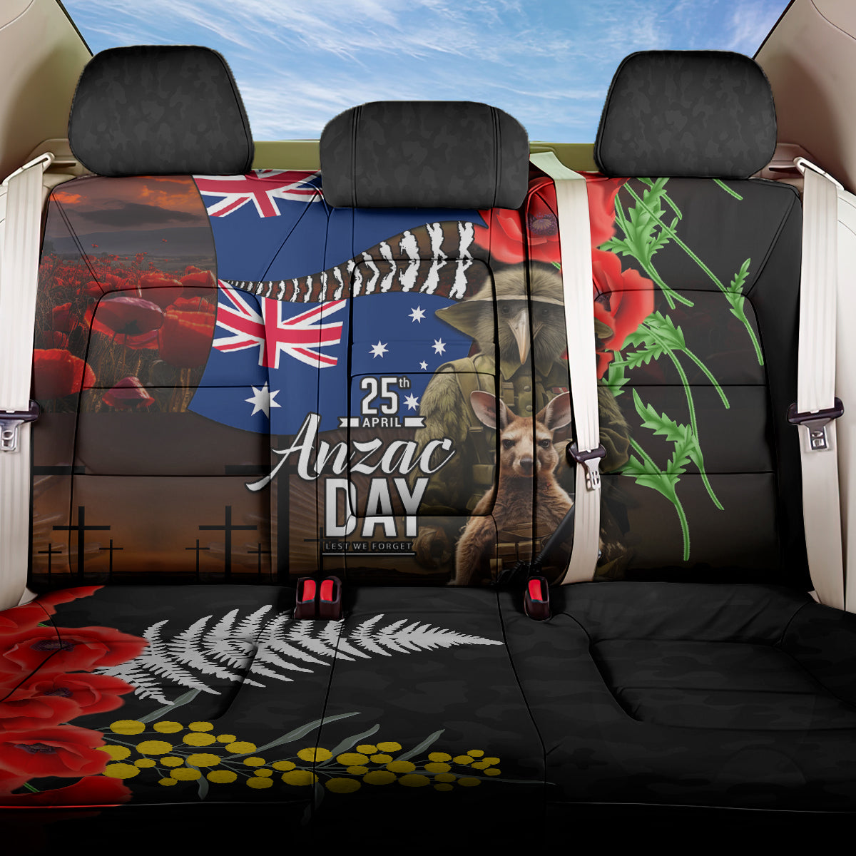 New Zealand and Australia ANZAC Day Back Car Seat Cover National Flag mix Kiwi Bird and Kangaroo Soldier Style LT03