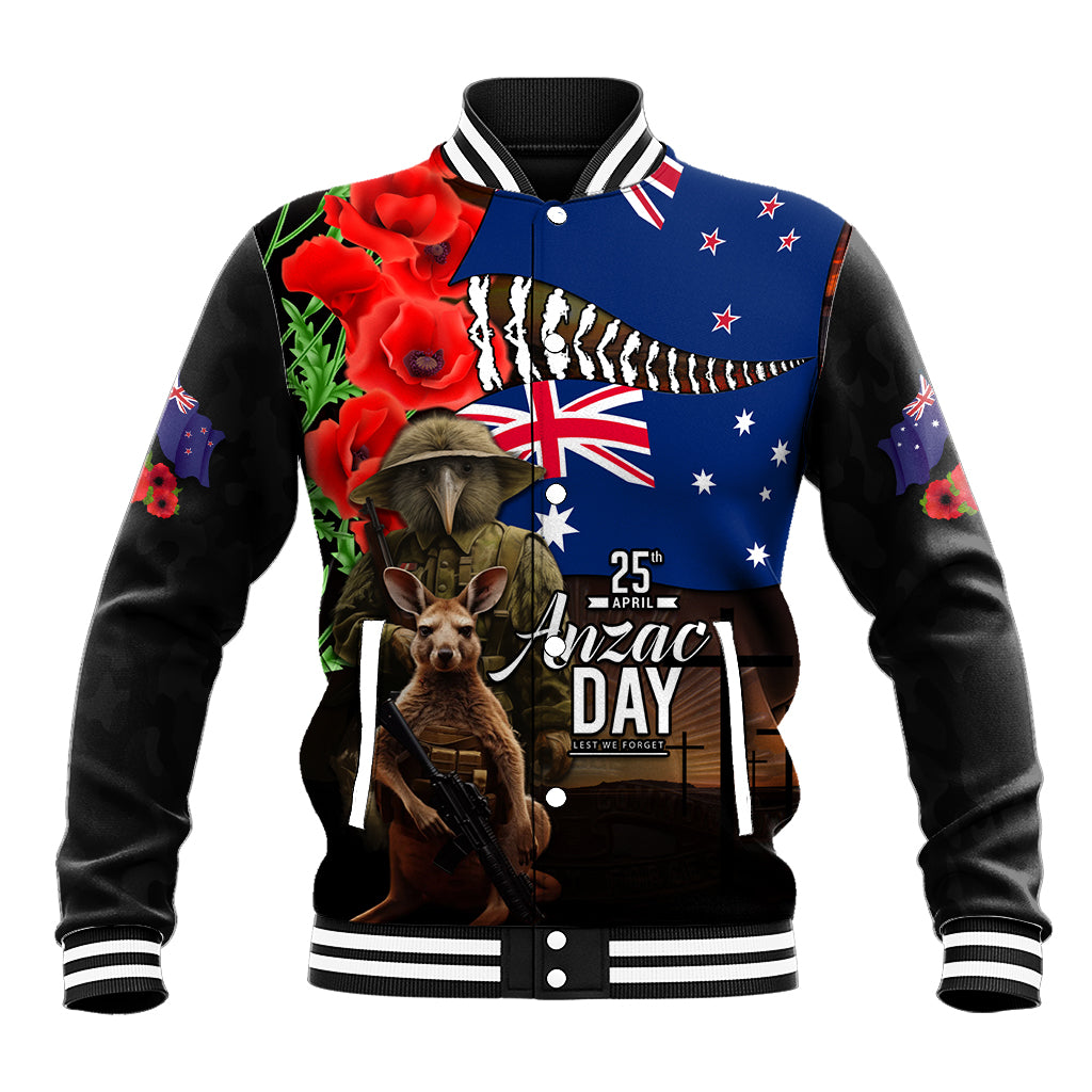 New Zealand and Australia ANZAC Day Baseball Jacket National Flag mix Kiwi Bird and Kangaroo Soldier Style LT03 Unisex Black - Polynesian Pride