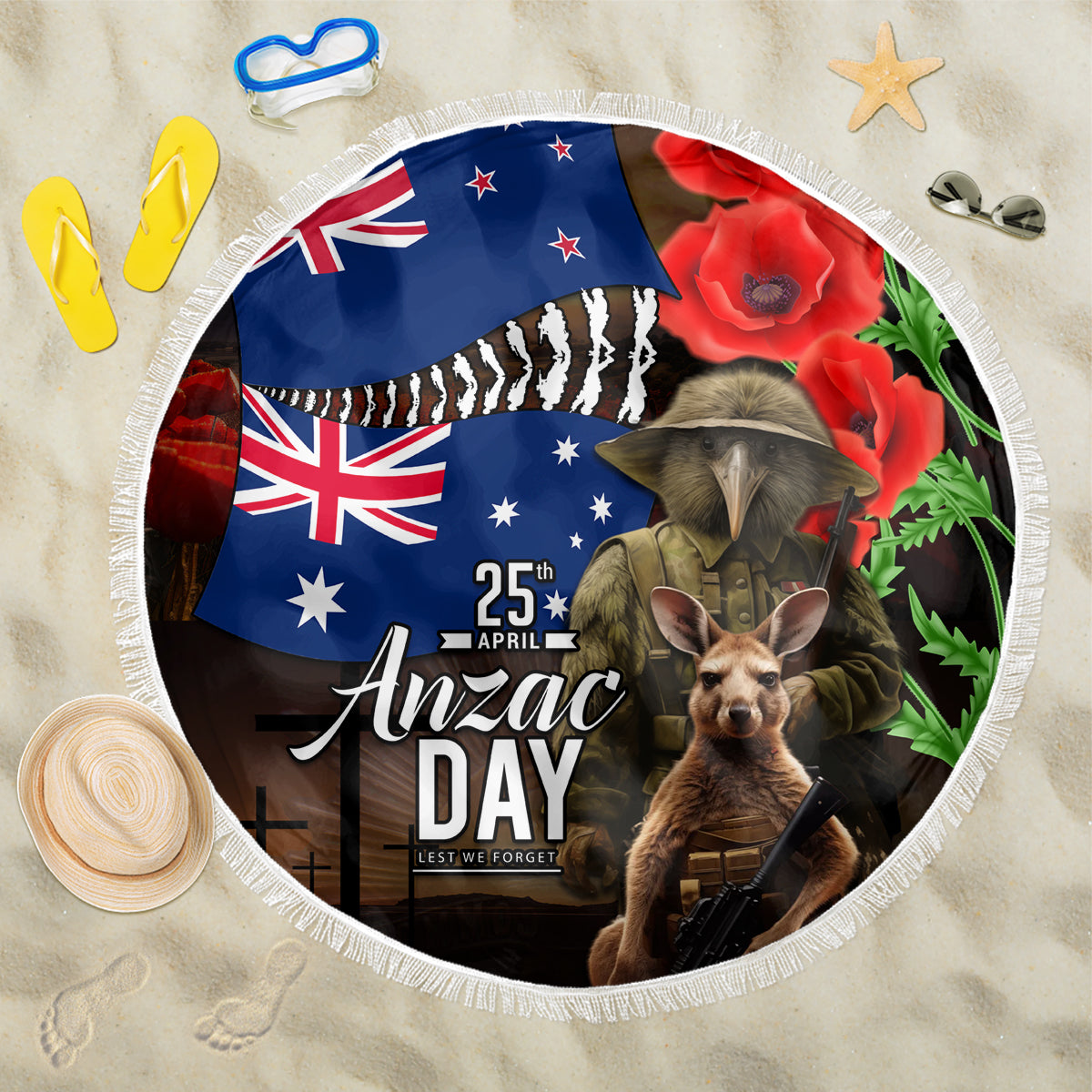 New Zealand and Australia ANZAC Day Beach Blanket National Flag mix Kiwi Bird and Kangaroo Soldier Style LT03 One Size 150cm Black - Polynesian Pride