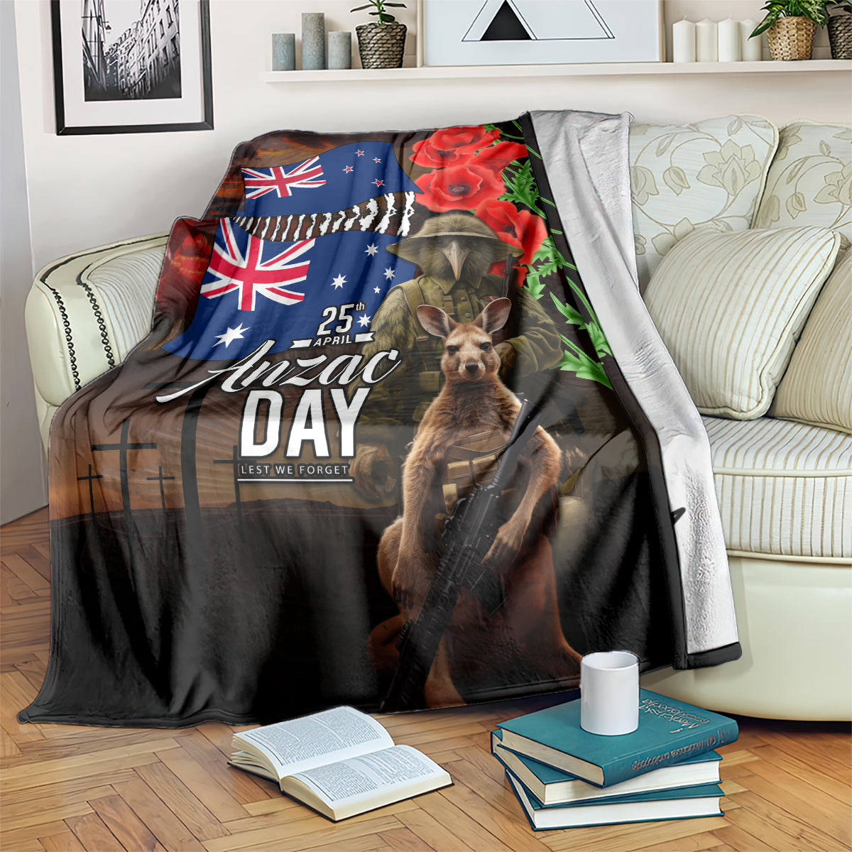 New Zealand and Australia ANZAC Day Blanket National Flag mix Kiwi Bird and Kangaroo Soldier Style LT03 Black - Polynesian Pride