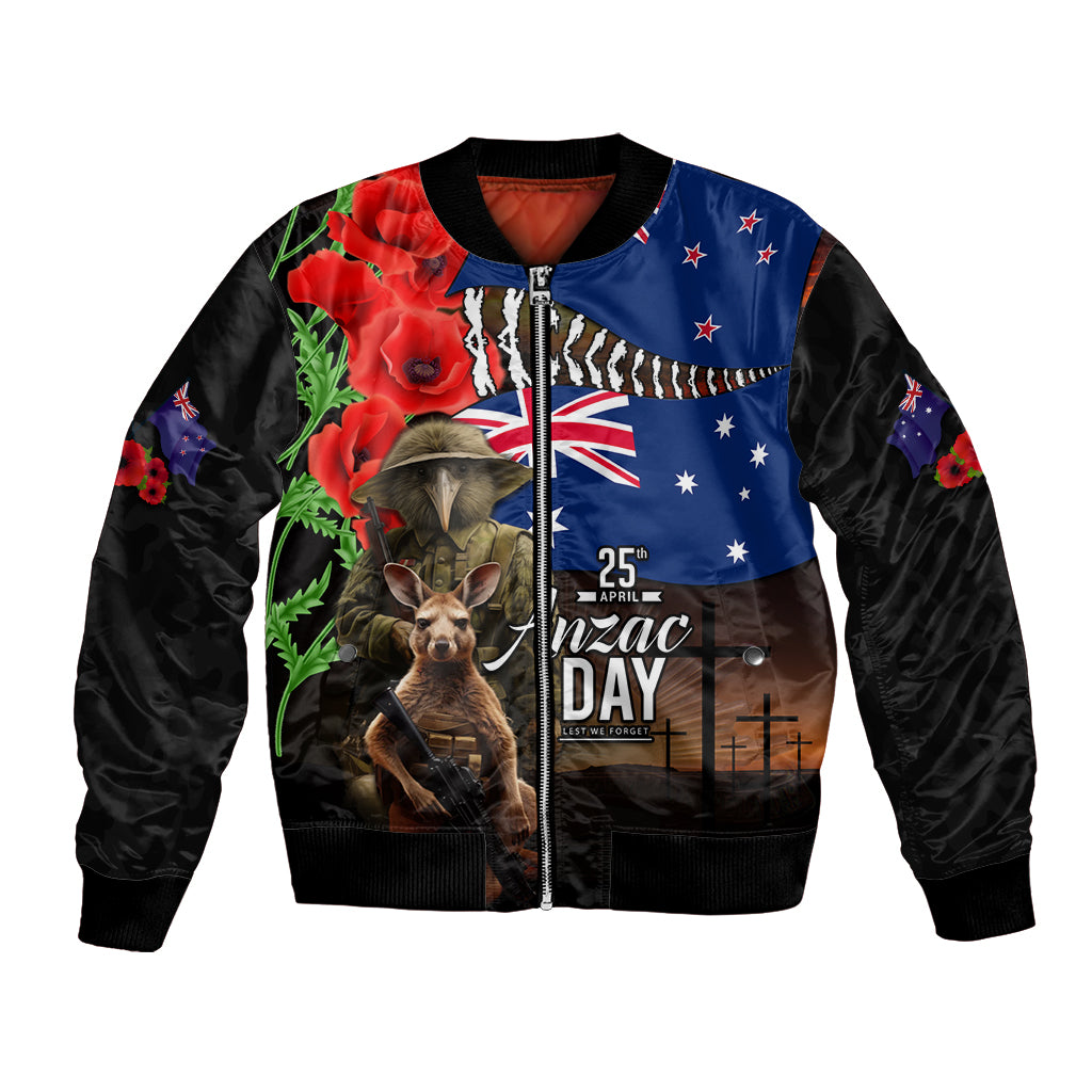 New Zealand and Australia ANZAC Day Bomber Jacket National Flag mix Kiwi Bird and Kangaroo Soldier Style LT03 Unisex Black - Polynesian Pride