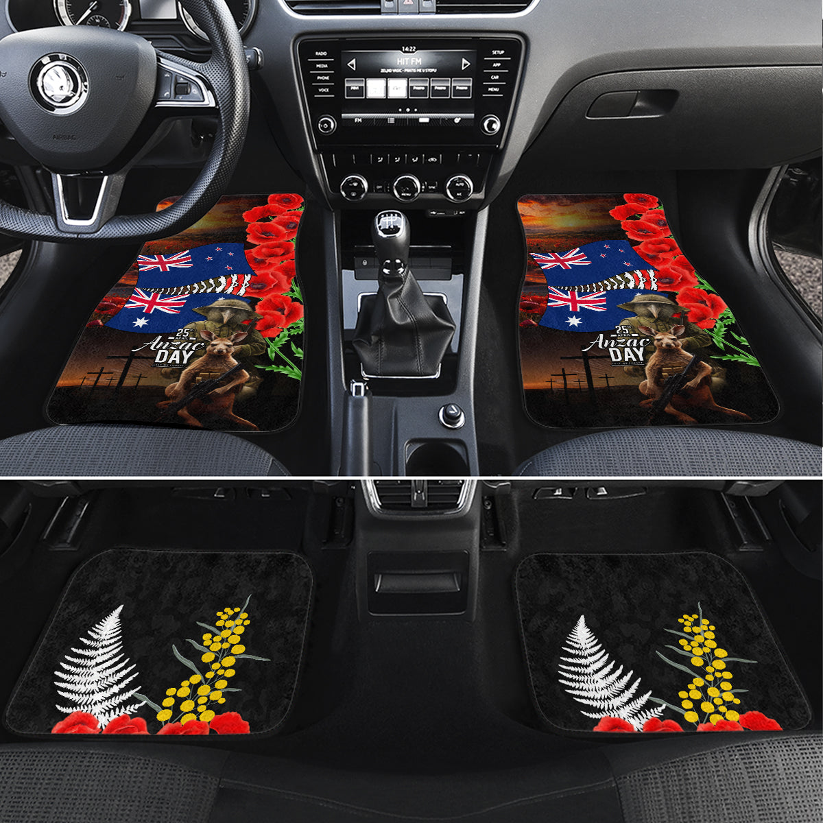 New Zealand and Australia ANZAC Day Car Mats National Flag mix Kiwi Bird and Kangaroo Soldier Style LT03 Set 4pcs Black - Polynesian Pride