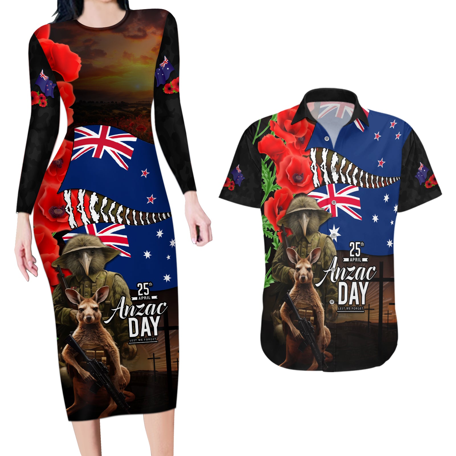 New Zealand and Australia ANZAC Day Couples Matching Long Sleeve Bodycon Dress and Hawaiian Shirt National Flag mix Kiwi Bird and Kangaroo Soldier Style LT03 Black - Polynesian Pride