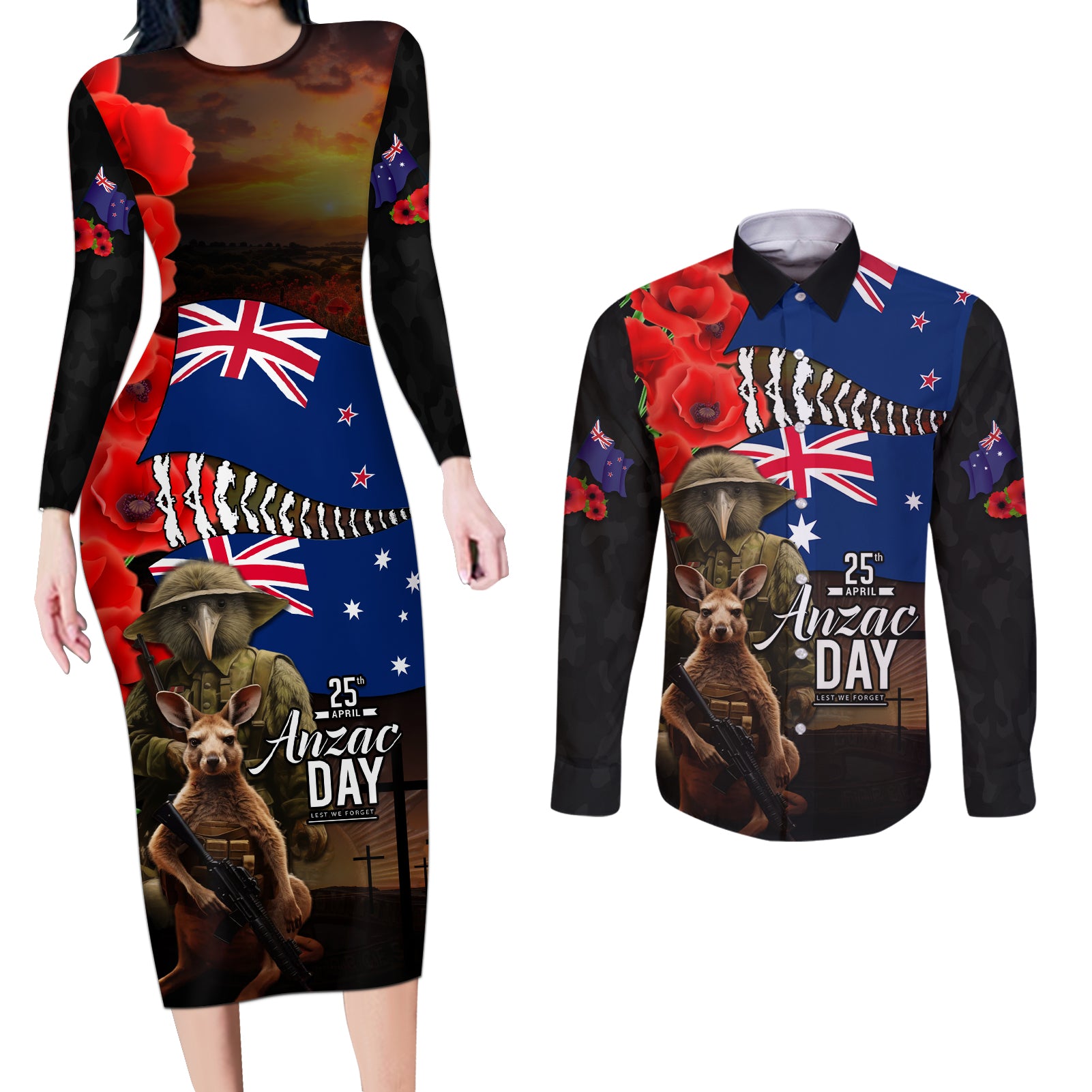 New Zealand and Australia ANZAC Day Couples Matching Long Sleeve Bodycon Dress and Long Sleeve Button Shirt National Flag mix Kiwi Bird and Kangaroo Soldier Style LT03 Black - Polynesian Pride