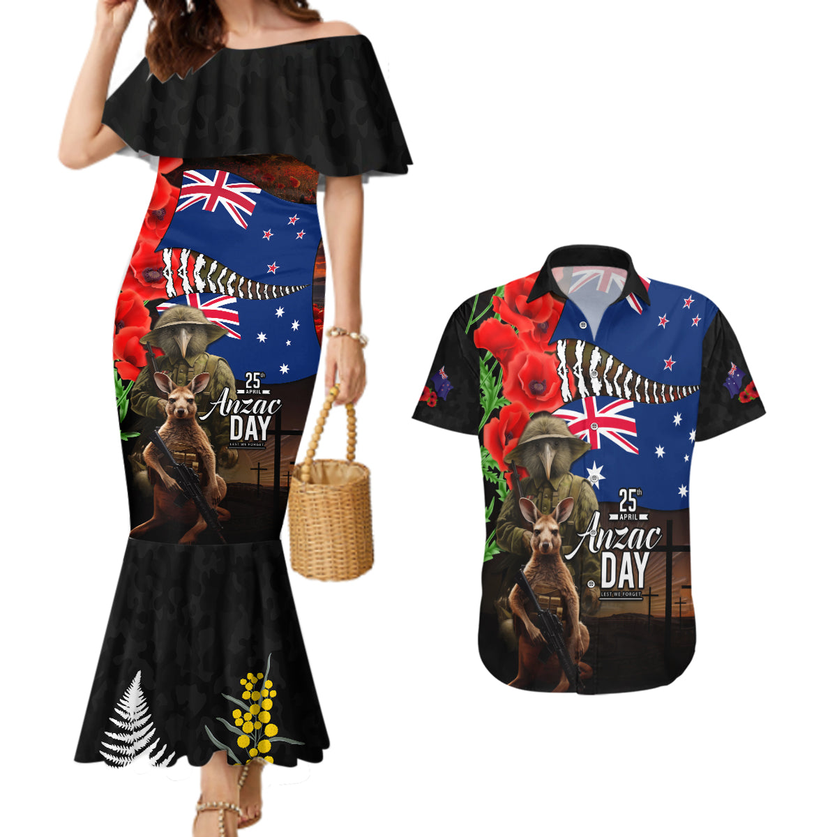 New Zealand and Australia ANZAC Day Couples Matching Mermaid Dress and Hawaiian Shirt National Flag mix Kiwi Bird and Kangaroo Soldier Style LT03 Black - Polynesian Pride