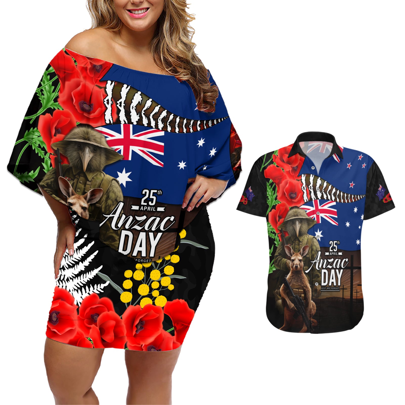 New Zealand and Australia ANZAC Day Couples Matching Off Shoulder Short Dress and Hawaiian Shirt National Flag mix Kiwi Bird and Kangaroo Soldier Style LT03 Black - Polynesian Pride