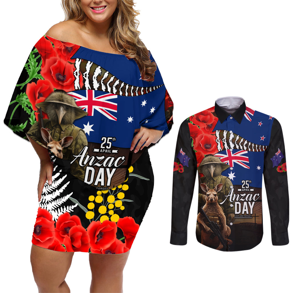 New Zealand and Australia ANZAC Day Couples Matching Off Shoulder Short Dress and Long Sleeve Button Shirt National Flag mix Kiwi Bird and Kangaroo Soldier Style LT03 Black - Polynesian Pride