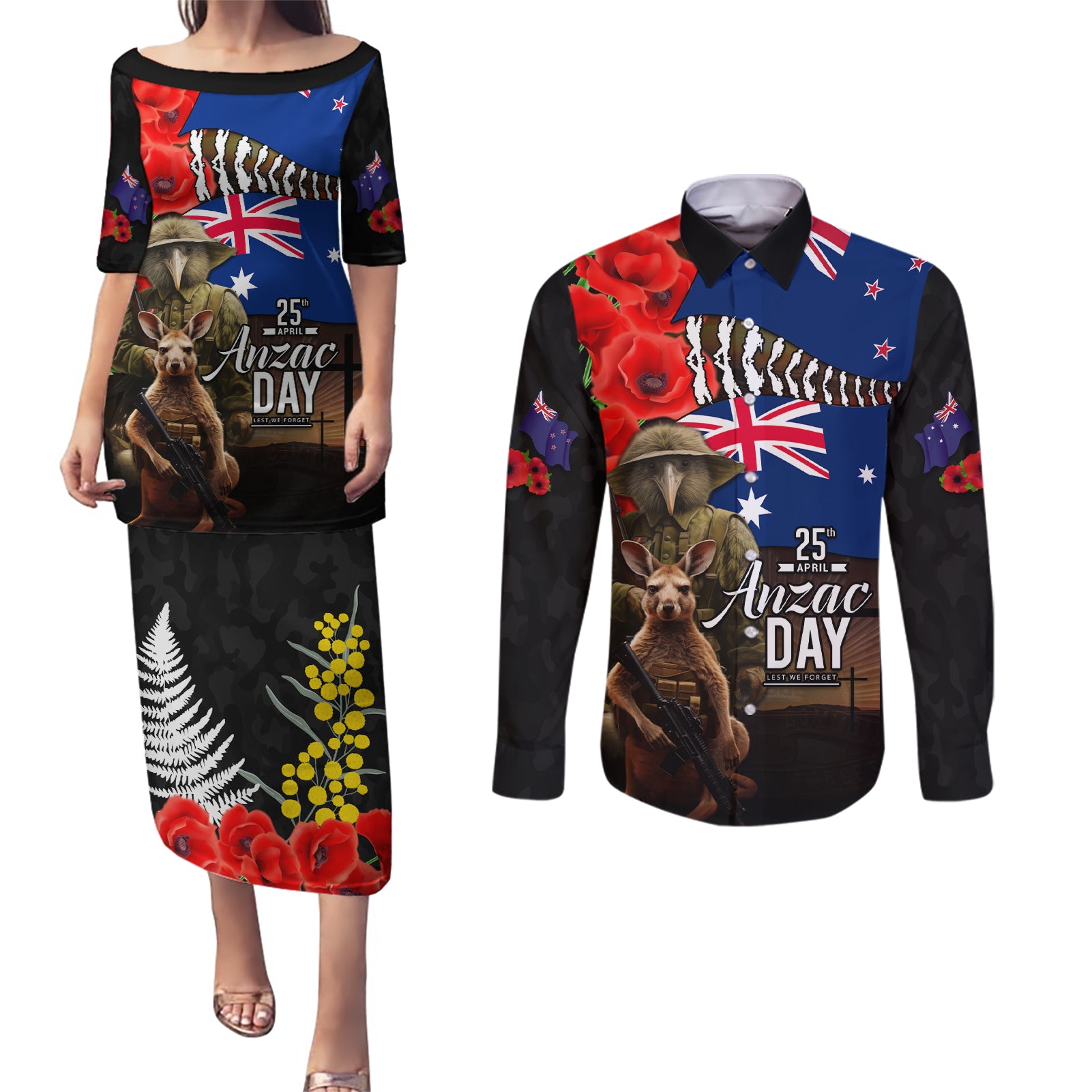 New Zealand and Australia ANZAC Day Couples Matching Puletasi and Long Sleeve Button Shirt National Flag mix Kiwi Bird and Kangaroo Soldier Style LT03 Black - Polynesian Pride