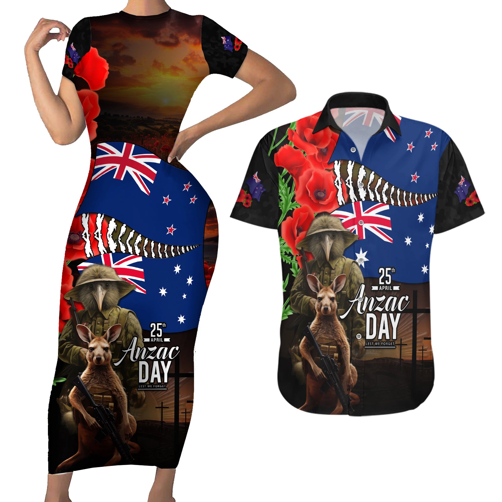 New Zealand and Australia ANZAC Day Couples Matching Short Sleeve Bodycon Dress and Hawaiian Shirt National Flag mix Kiwi Bird and Kangaroo Soldier Style LT03 Black - Polynesian Pride