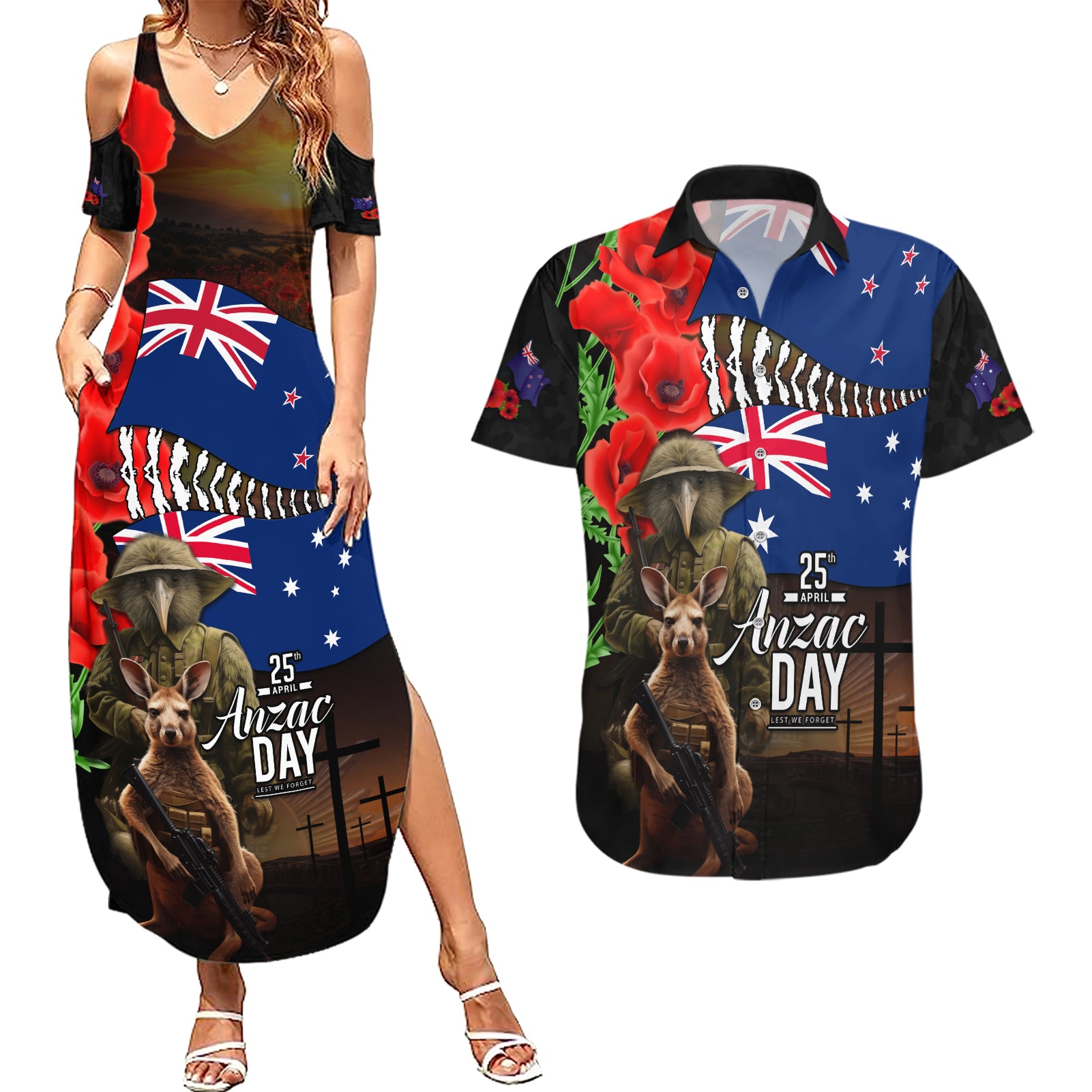 New Zealand and Australia ANZAC Day Couples Matching Summer Maxi Dress and Hawaiian Shirt National Flag mix Kiwi Bird and Kangaroo Soldier Style LT03 Black - Polynesian Pride