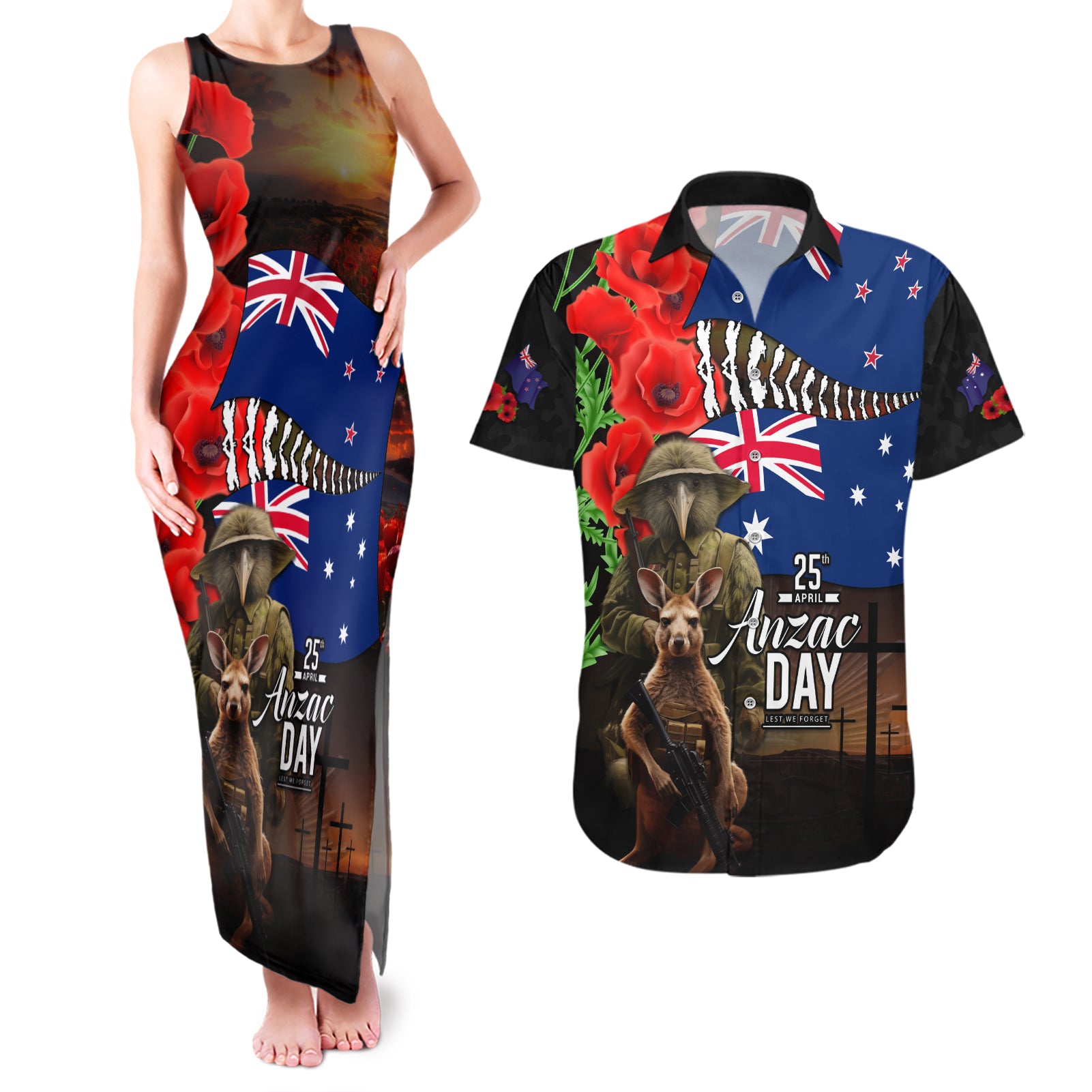 New Zealand and Australia ANZAC Day Couples Matching Tank Maxi Dress and Hawaiian Shirt National Flag mix Kiwi Bird and Kangaroo Soldier Style LT03 Black - Polynesian Pride