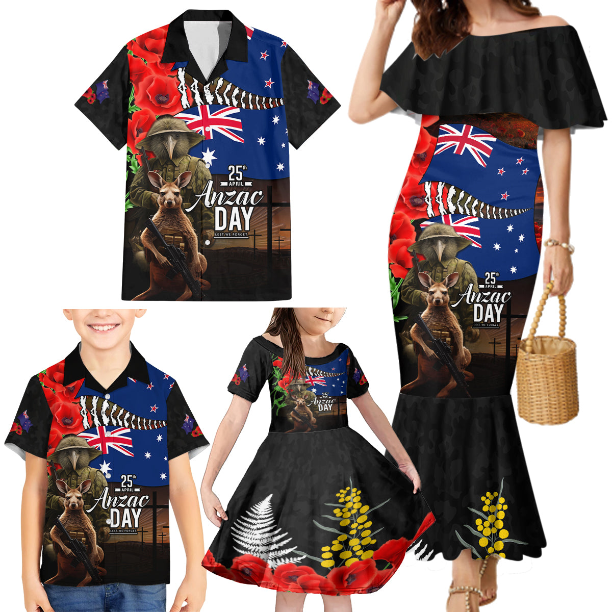 New Zealand and Australia ANZAC Day Family Matching Mermaid Dress and Hawaiian Shirt National Flag mix Kiwi Bird and Kangaroo Soldier Style LT03 - Polynesian Pride