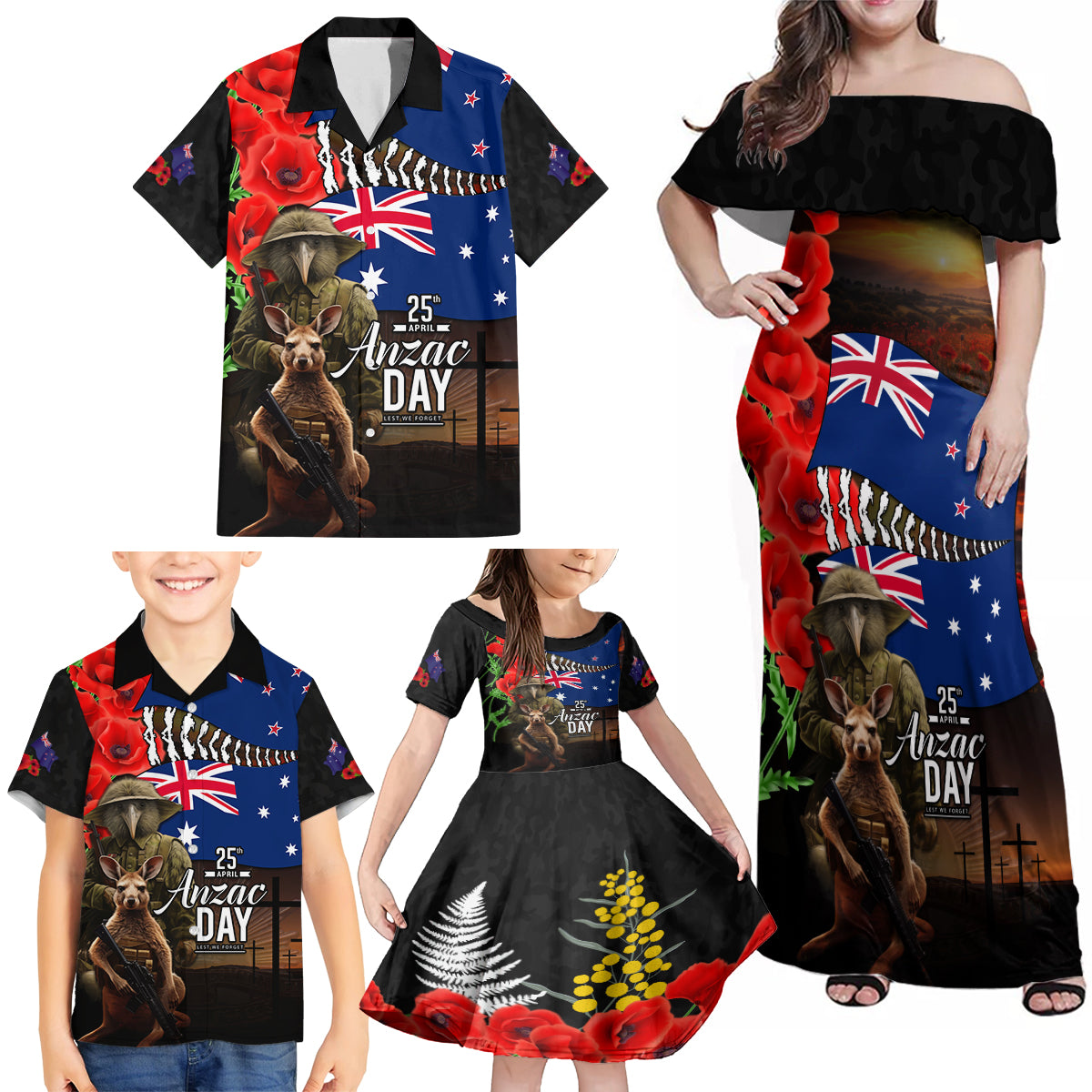 New Zealand and Australia ANZAC Day Family Matching Off Shoulder Maxi Dress and Hawaiian Shirt National Flag mix Kiwi Bird and Kangaroo Soldier Style LT03 - Polynesian Pride