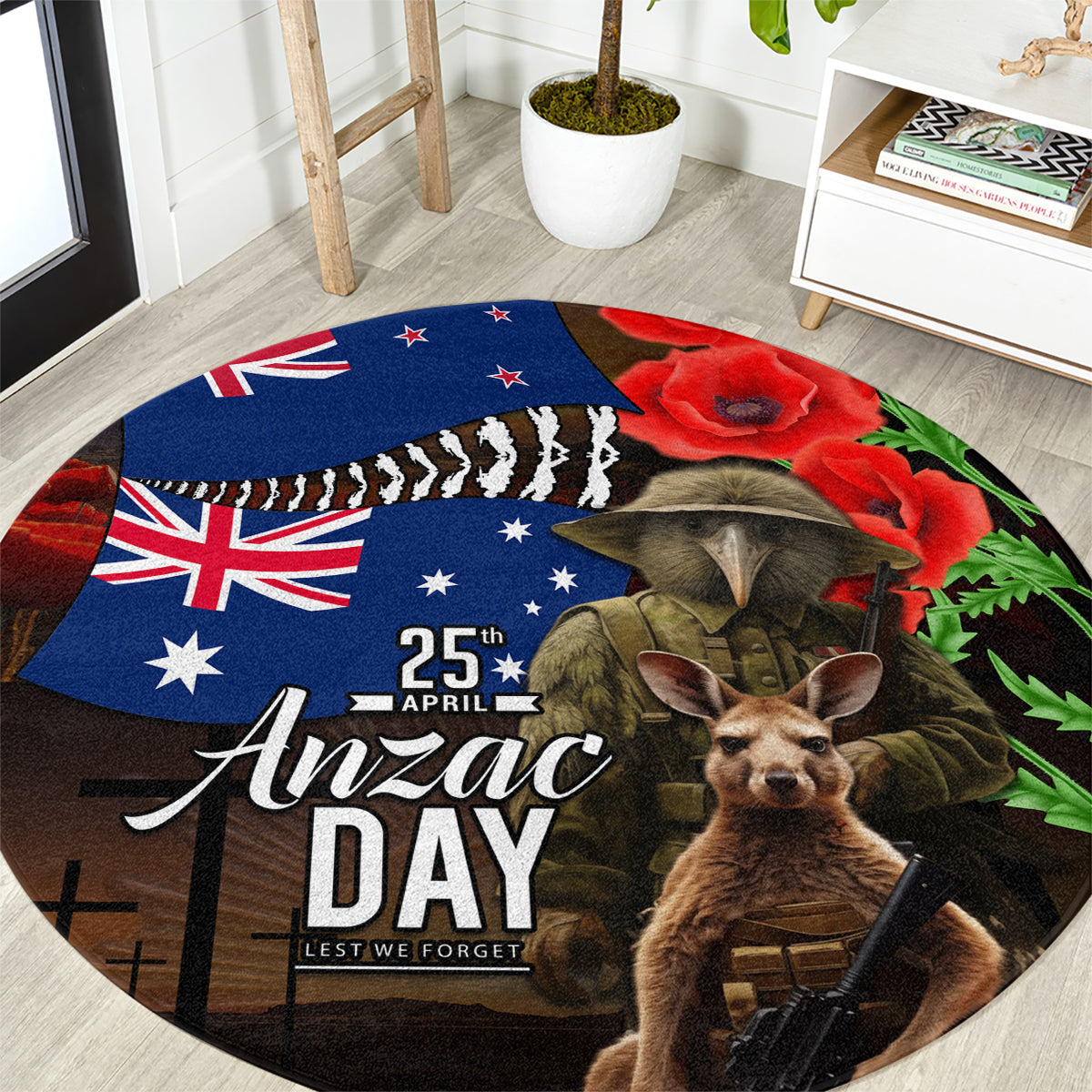 New Zealand and Australia ANZAC Day Round Carpet National Flag mix Kiwi Bird and Kangaroo Soldier Style LT03 Black - Polynesian Pride