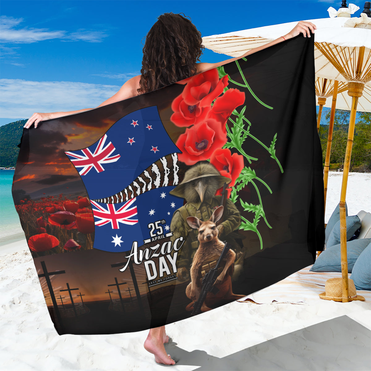 New Zealand and Australia ANZAC Day Sarong National Flag mix Kiwi Bird and Kangaroo Soldier Style LT03 One Size 44 x 66 inches Black - Polynesian Pride