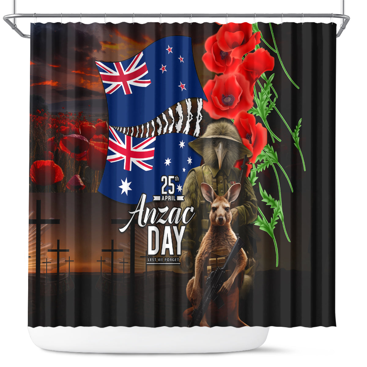 New Zealand and Australia ANZAC Day Shower Curtain National Flag mix Kiwi Bird and Kangaroo Soldier Style LT03 Black - Polynesian Pride