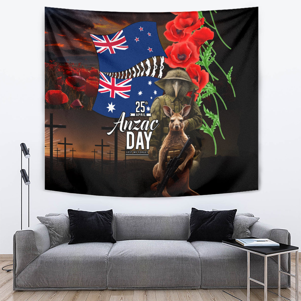 New Zealand and Australia ANZAC Day Tapestry National Flag mix Kiwi Bird and Kangaroo Soldier Style LT03 Black - Polynesian Pride