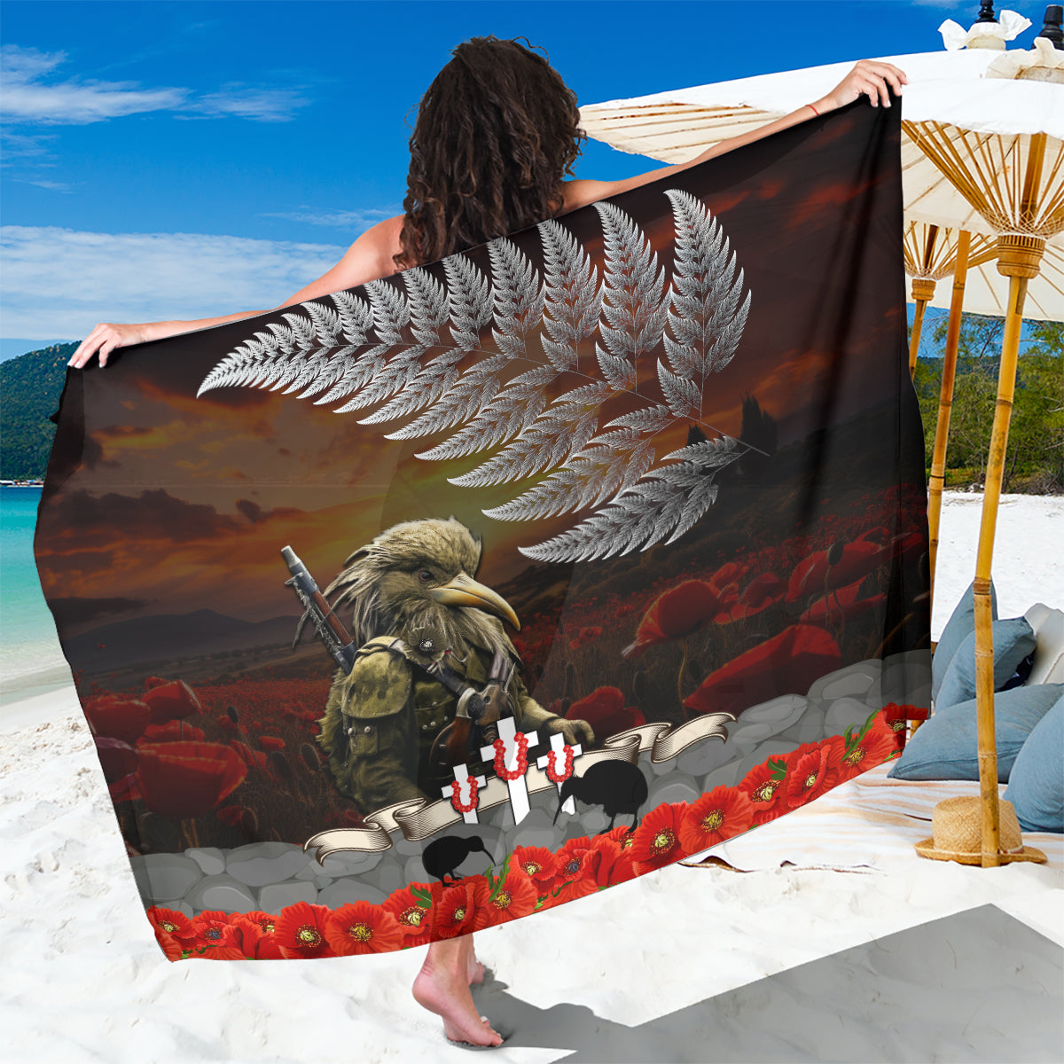 New Zealand ANZAC Day Sarong The Ode of Remembrance and Silver Fern LT03 One Size 44 x 66 inches Black - Polynesian Pride